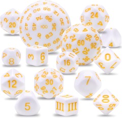 15 Pieces Complete Polyhedral Game Dice Set D3-D100 (White & Yellow)